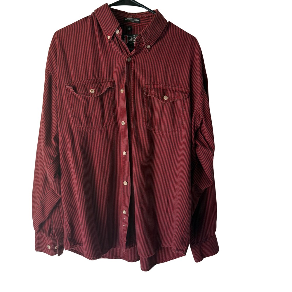 Justin Boot Vintage Mens Burgundy Black‎ Pinstripe Button Shirt M Western Cowboy